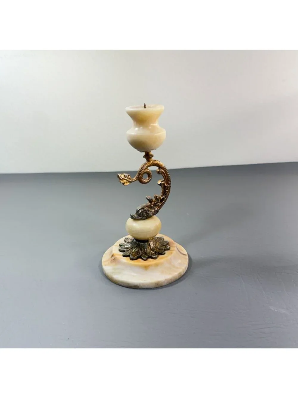 Vintage Onyx Marble Brass Dolphin Candlestick Hollywood Regency Pricket 8